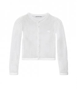 White Knit Cropped Crew Neck Cardigan Embrodered Logo